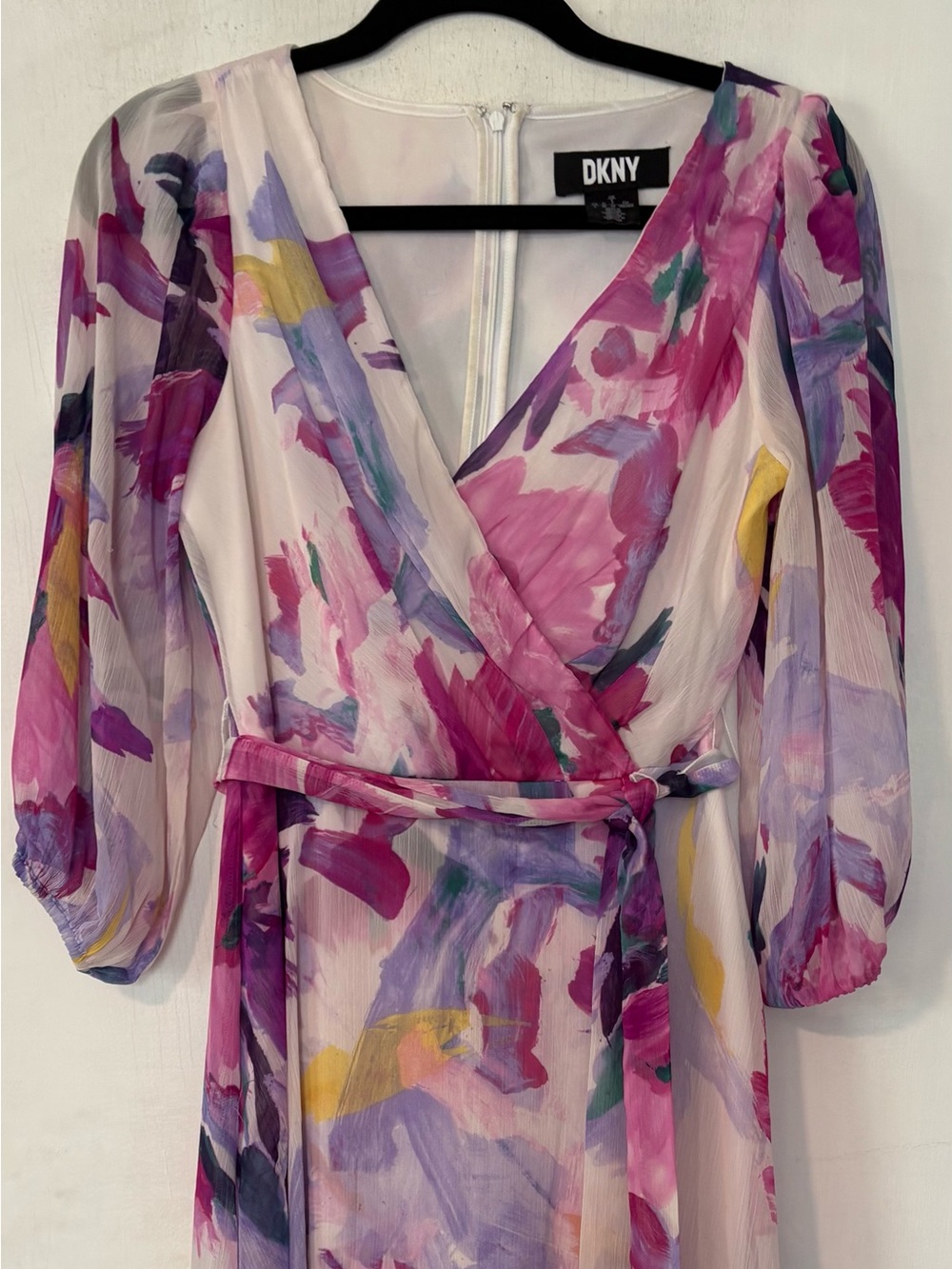DKNY Pink Floral Wrap Midi Dress with Purple & Yellow Accents